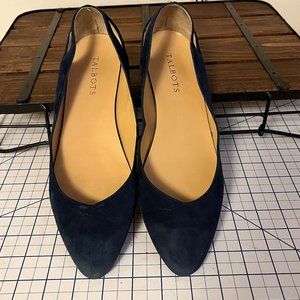 Talbots, Dress flats, Navy Suede, Pointy toe, heel cut out, excellent condition